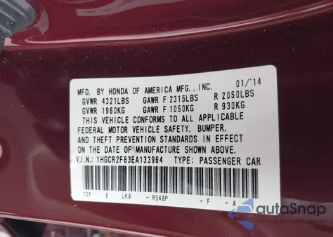 2014 Honda Accord Ex-L z USA, uszkodzony, nr VIN 1HGCR2F83EA133964